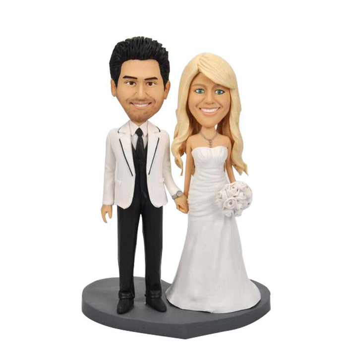 Bride And Groom In White Suit and Dress Custom Wedding Bobblehead Cake Topper