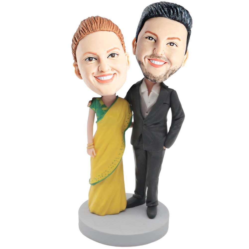 Happy Couple In Yellow Skirt And Black Suit Custom Couple Bobblehead