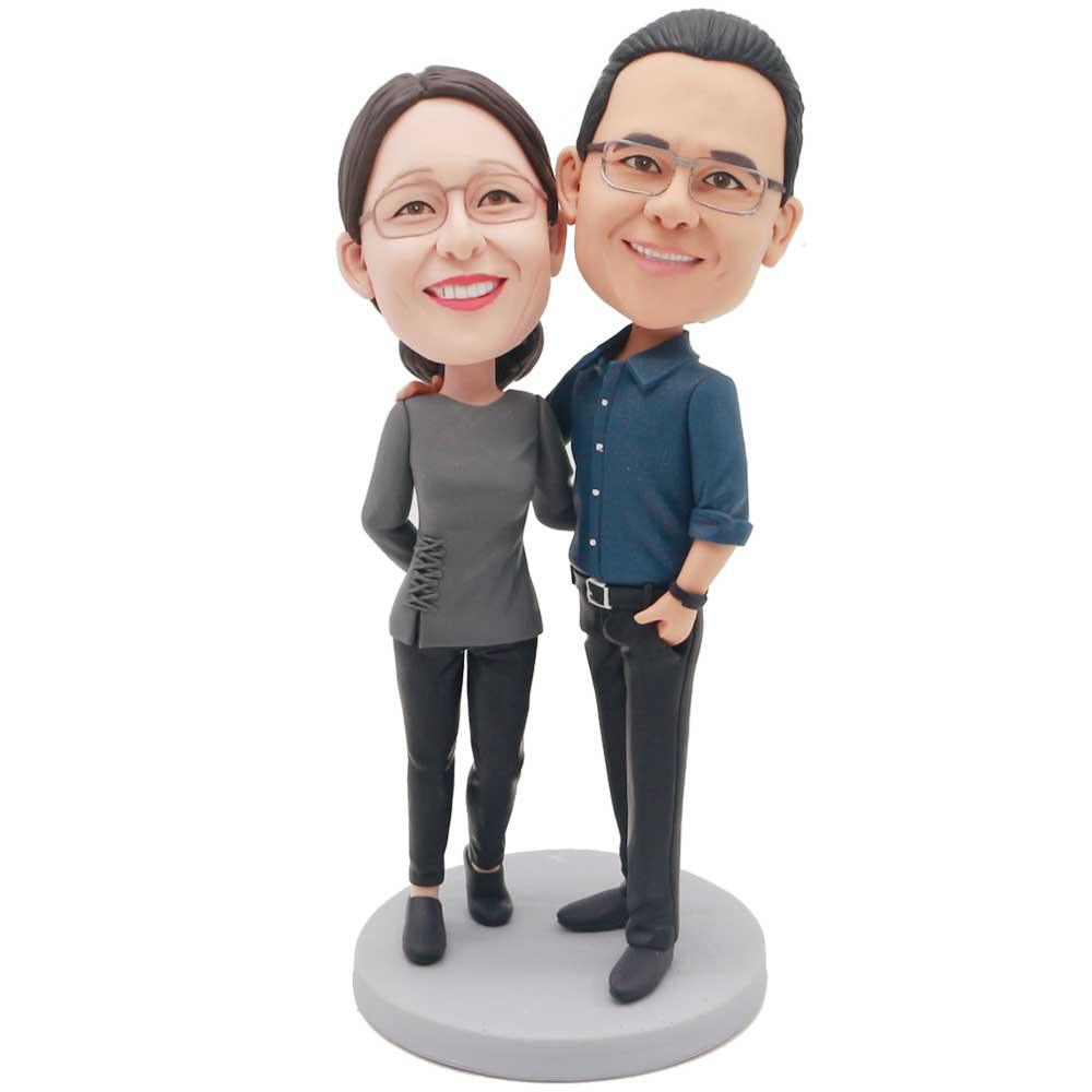 Happy Couple Lean Together Custom Figure Bobbleheads