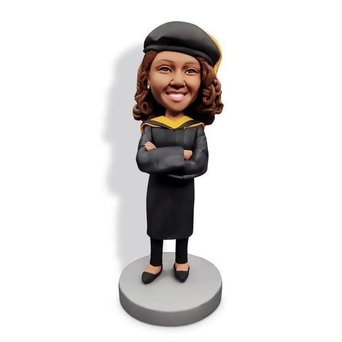 Personalized Happy Crossed Arms Female Graduates In Black Gown Custom Graduation Bobblehead Gift