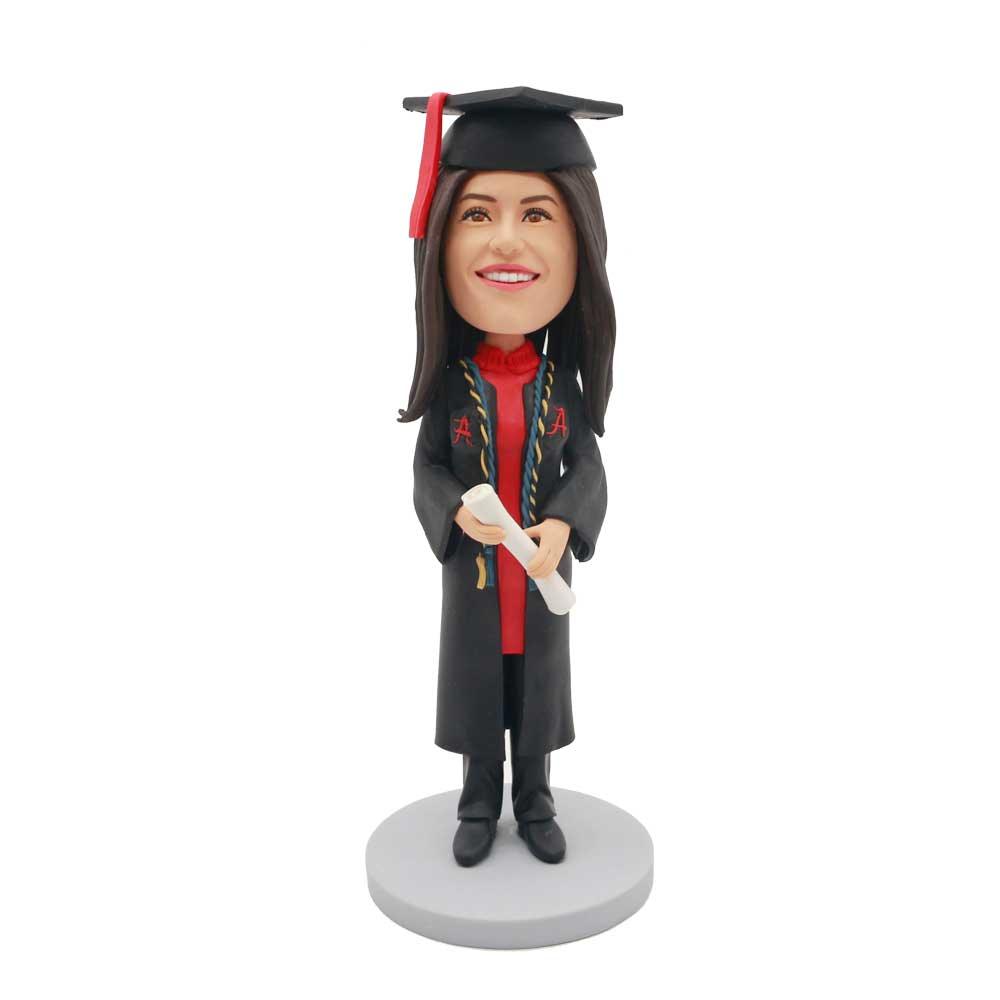 Happy Female Graduate In Black Gown With Yellow And Blue Ribbons Custom Graduation Bobblehead