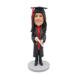 Happy Female Graduate In Black Gown With Yellow And Blue Ribbons Custom Graduation Bobblehead