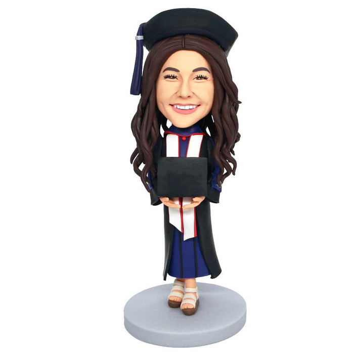 Happy Female Graduates In Bachelor Gown Holding A Diploma Custom Graduation Bobbleheads