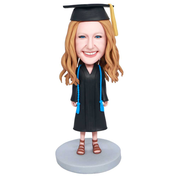 Happy Female Graduates In Black Gown And Blue Ribbon Custom Graduation Bobbleheads