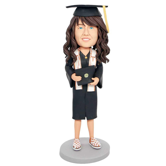 Happy Female Graduates In Black Gown With Diploma Custom Graduation Bobbleheads