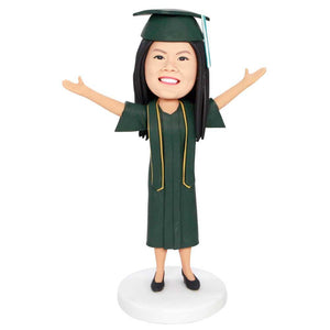 Happy Female Graduates In Green Gown Custom Graduation Bobbleheads Gift