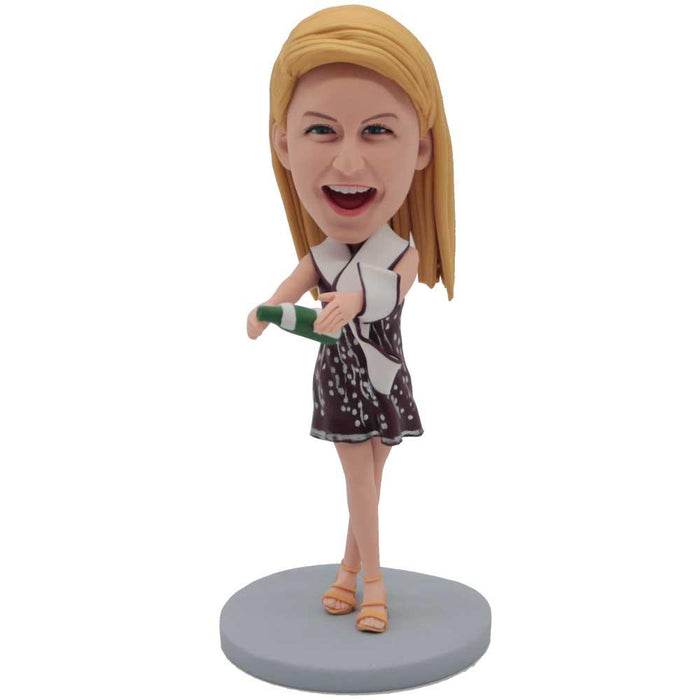 Happy Female In Dress Celebrate With Beer Custom Figure Bobbleheads