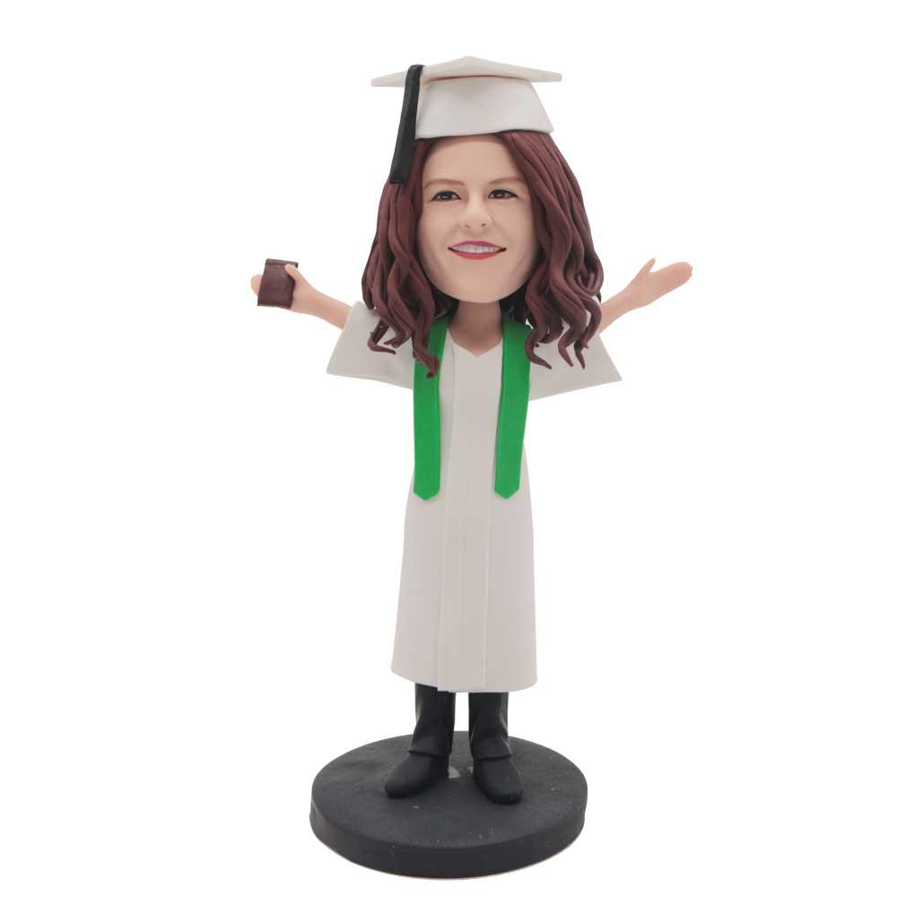 Happy Female In White Gown And Green Ribbon Custom Graduation Bobblehead