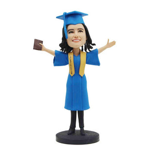 Excited Female Graduates In Sky Blue Bachelor Gown Custom Graduation Bobblehead