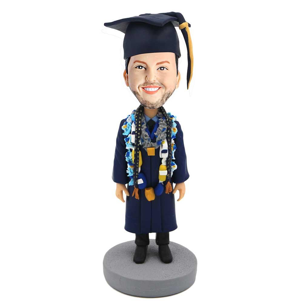 Happy Male Graduates In Dark Blue Gown And Garland Custom Graduation Bobblehead