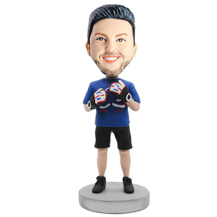 Happy Male In Blue T-shirt With Gloves Custom Figure Bobblehead