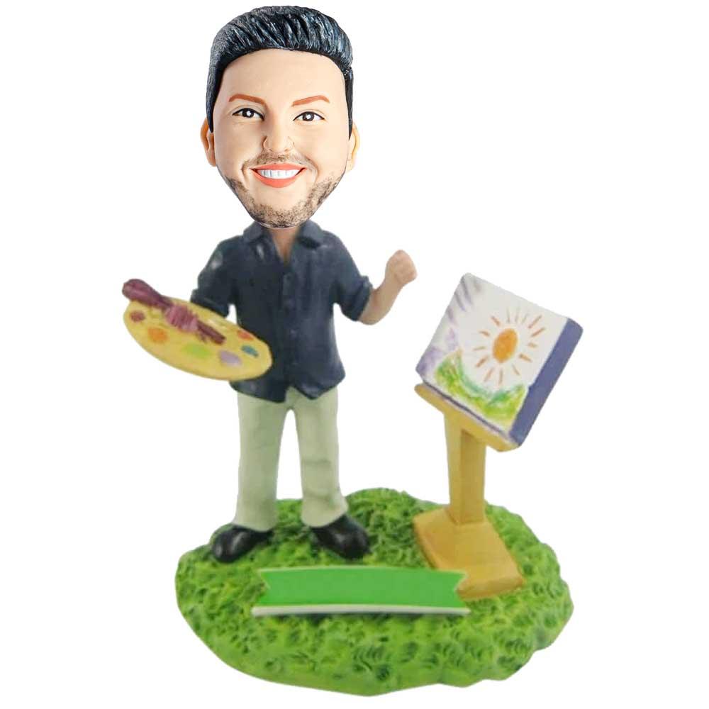 Happy Male Painter In Black Shirt  Custom Figure Bobblehead