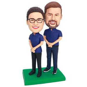 Happy Office Couple In Dark Blue T-shirt Custom Figure Bobbleheads