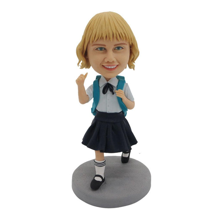 Happy School Uniform Student Girl Carrying Schoolbag Custom Figure Bobblehead