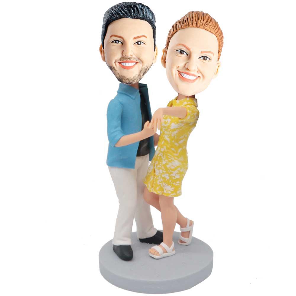 Happy Waltzing Couple In Casual Clothing Custom Couple Bobblehead