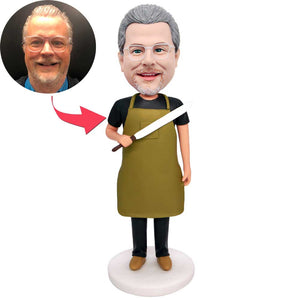 Housework Male In Green Apron Holding A Knife Custom Figure Bobbleheads