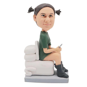 Humorous Female In Green T-shirt On The Toilet Custom Figure Bobblehead