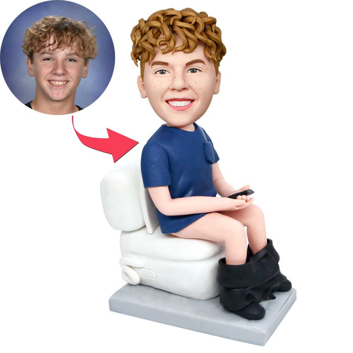 Humorous Funny Man In Blue T-shirt On The Toilet Custom Figure Bobbleheads