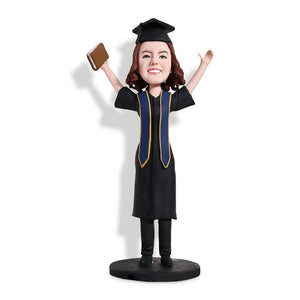 Excied Female Graduates In Black Gown And Blue Ribbon Custom Graduation Bobblehead