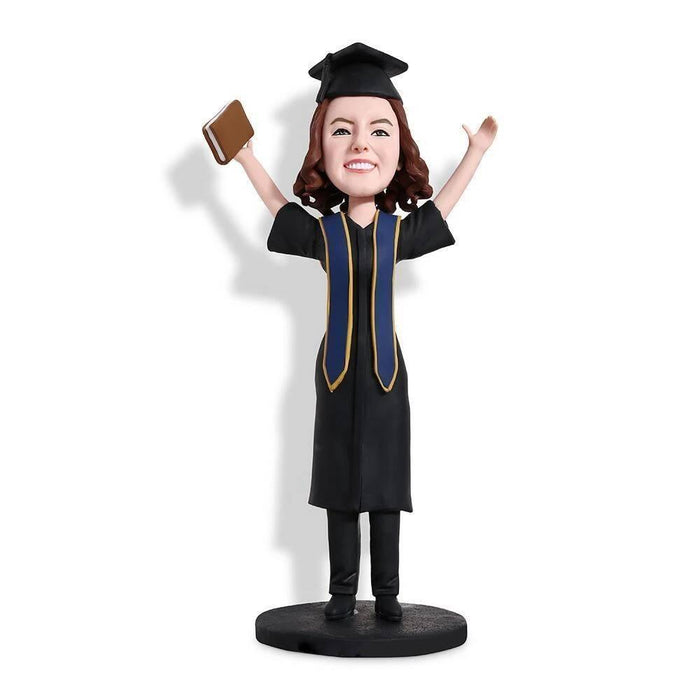 Personalized Excied Female Graduates In Black Gown And Holding A Book Custom Graduation Bobblehead Gift