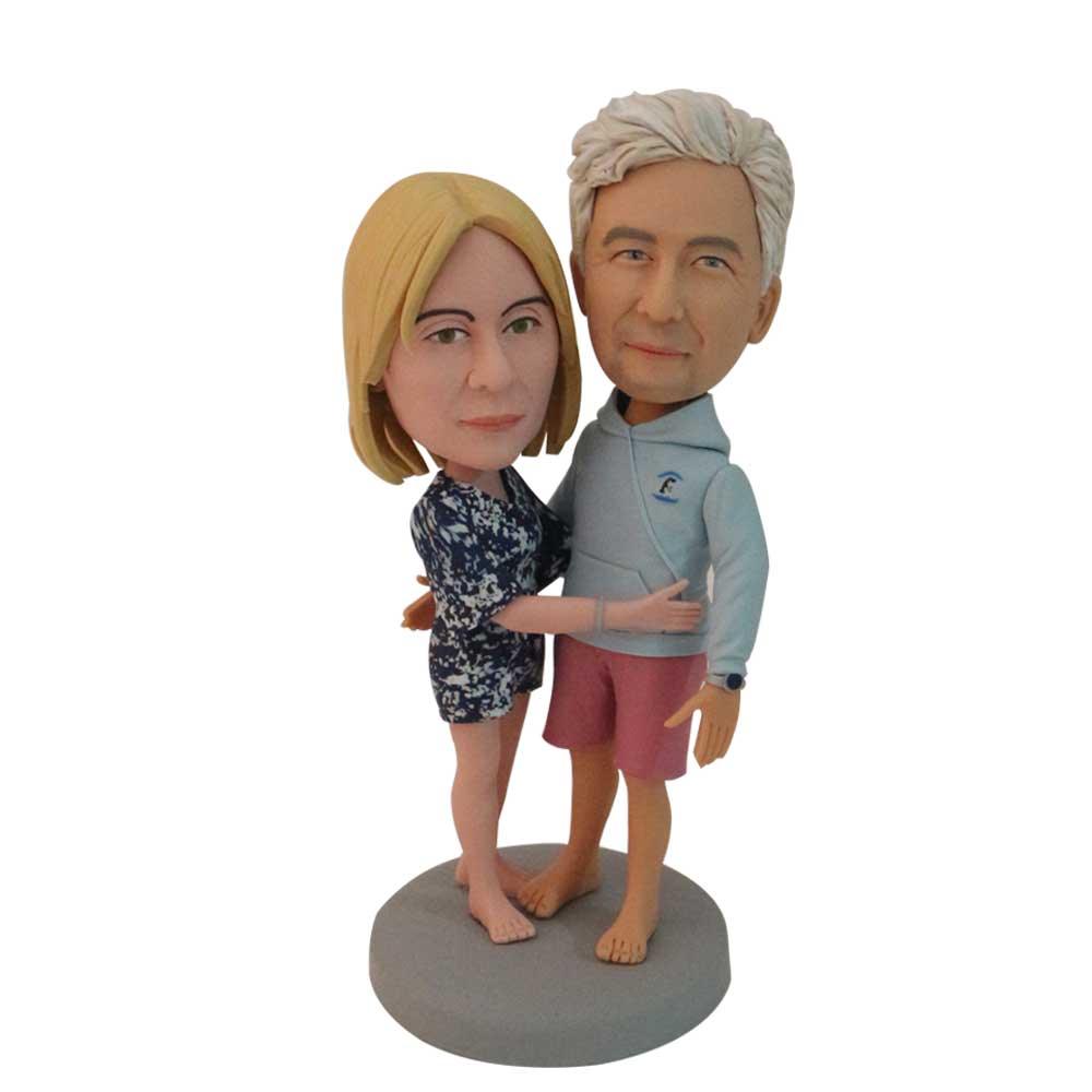 Lovingly Hugging Casual Couple Custom Figure Bobblehead
