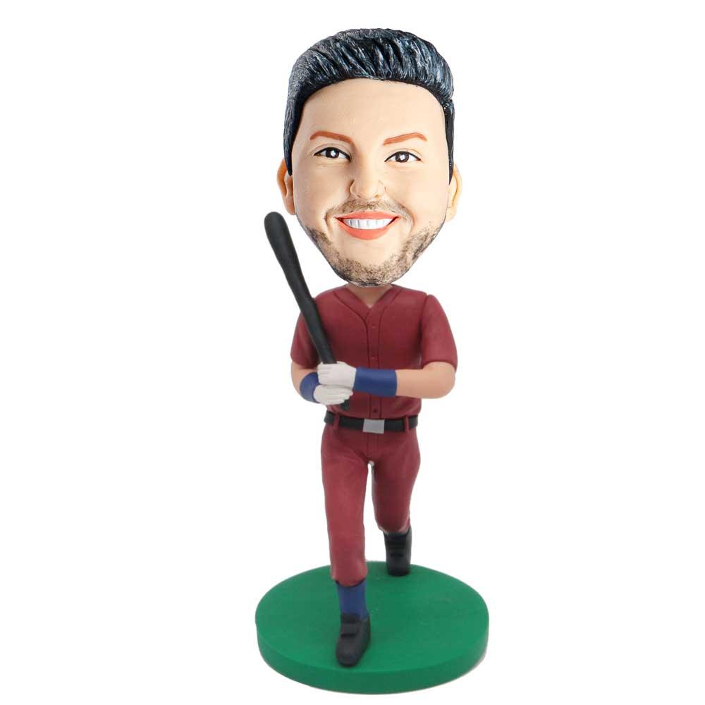 Male Baseball Player In Red Uniform Waving Baseball Bat Custom Figure Bobblehead