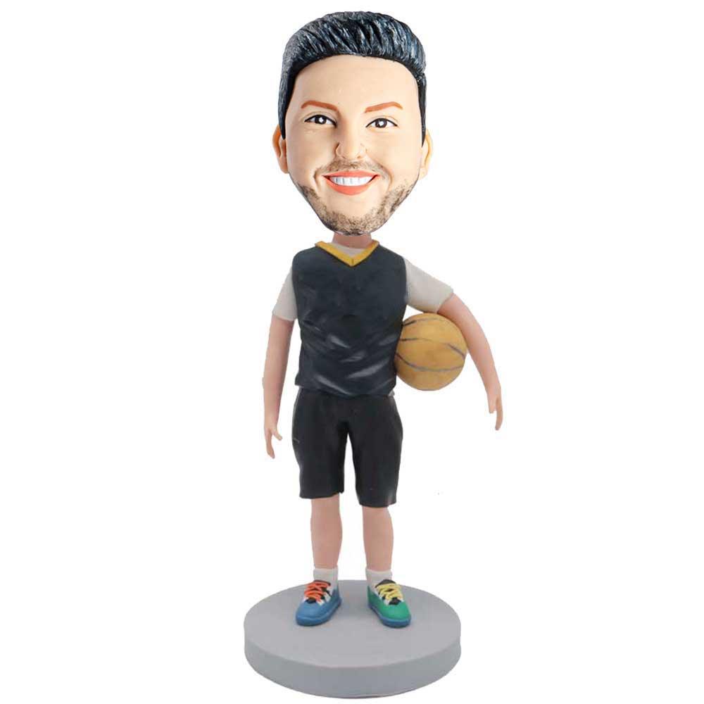 Male Basketball Player In Black Basketball Suit With A Basketball Under His Arm Custom Figure Bobblehead