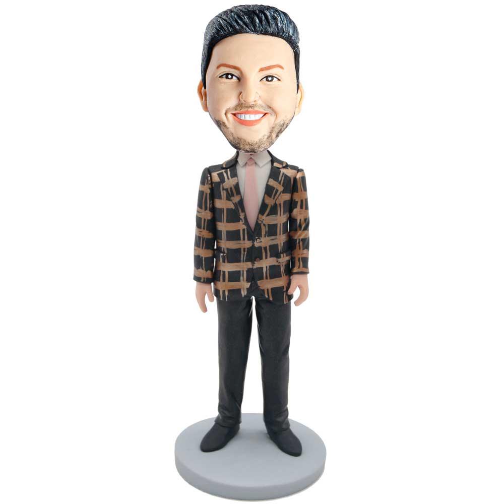 Male Boss In Black Plaid Suit Custom Figure Bobbleheads