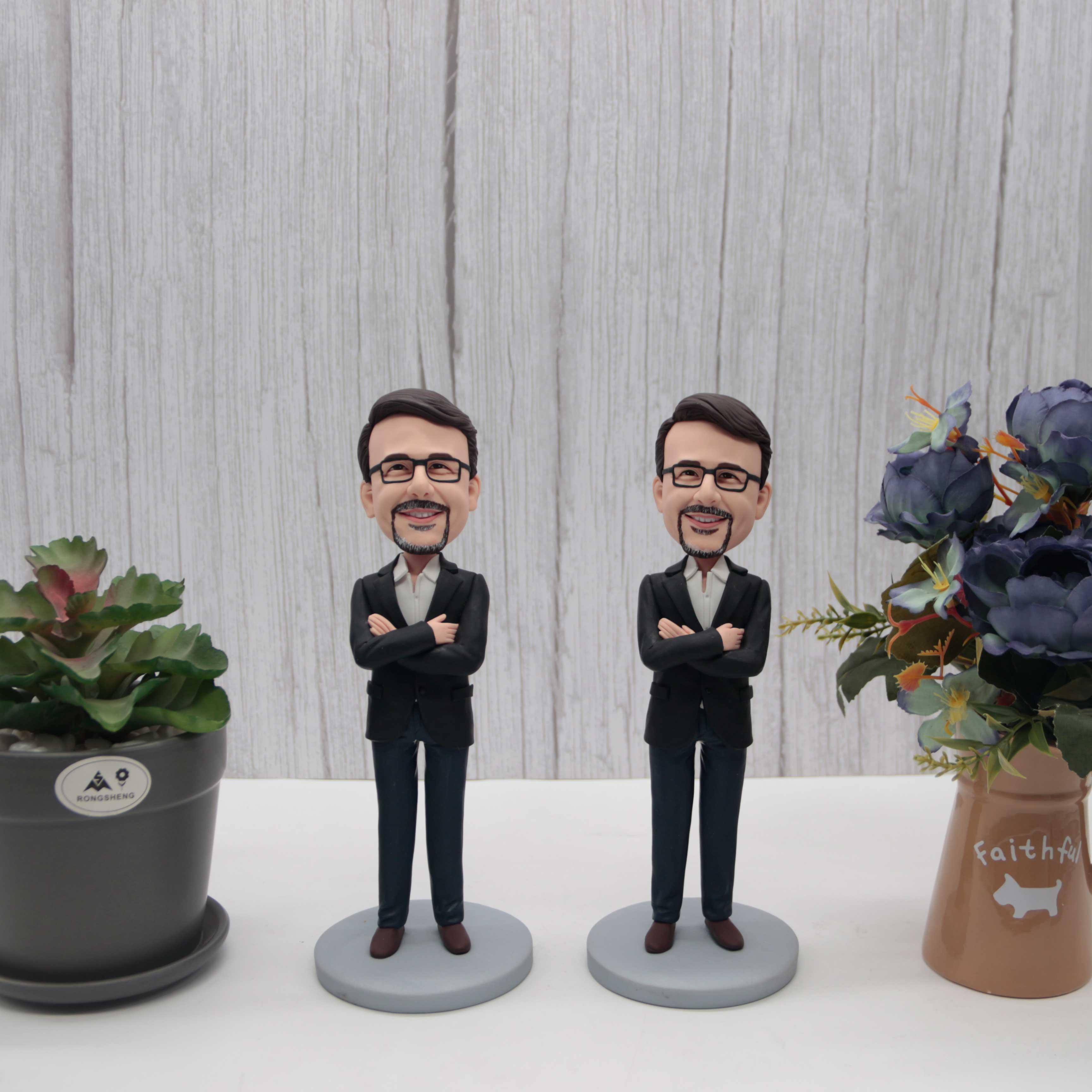 Male Boss In Black Suit And Hold Chest Custom Figure Bobbleheads