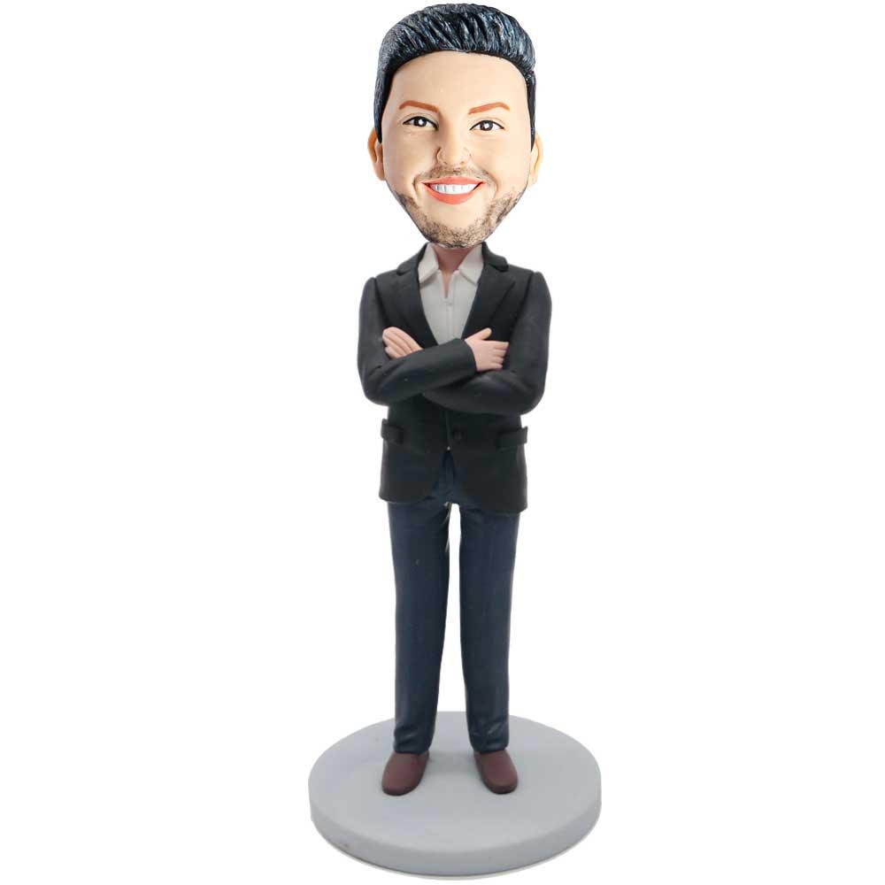 Male Boss In Black Suit And Hold Chest Custom Figure Bobbleheads