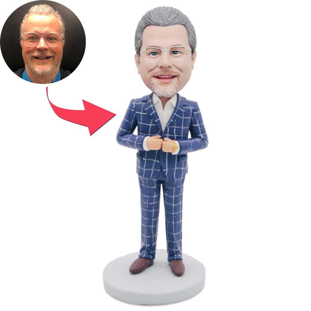 Male Boss In Blue Plaid Suit Custom Figure Bobbleheads