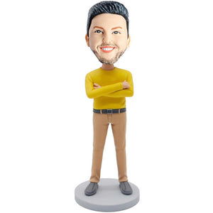 Male Boss In Yellow Sweater And Hold His Chest Custom Figure Bobblehead