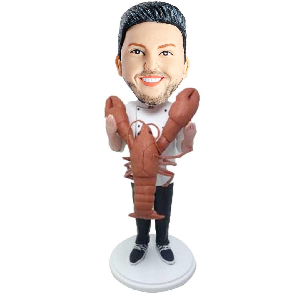 Male Chef Holding The Giant Lobster Custom Figure Bobblehead