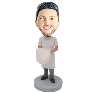 Male Chef In White Chef Uniform Holding A Pancake Custom Figure Bobblehead