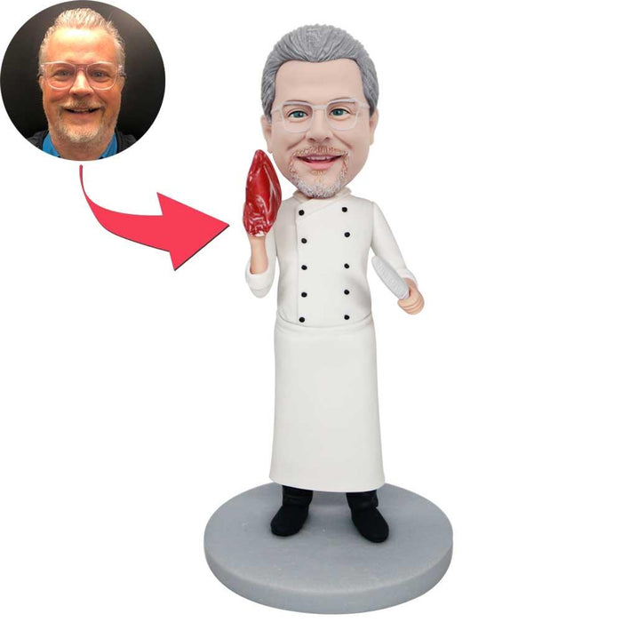 Male Cook In Chef Uniform Holding Knife and Beef Custom Figure Bobbleheads