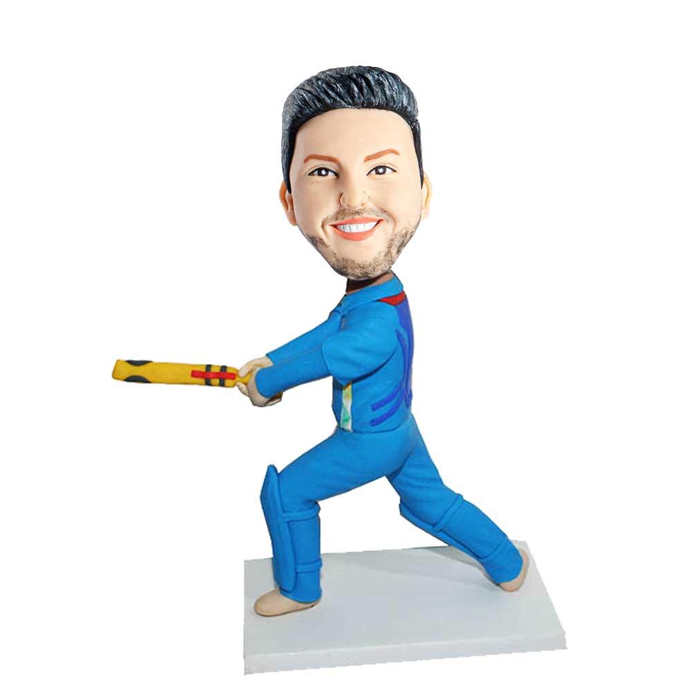 Male Cricket Player In Blue Sportswear Custom Cricket Bobblehead