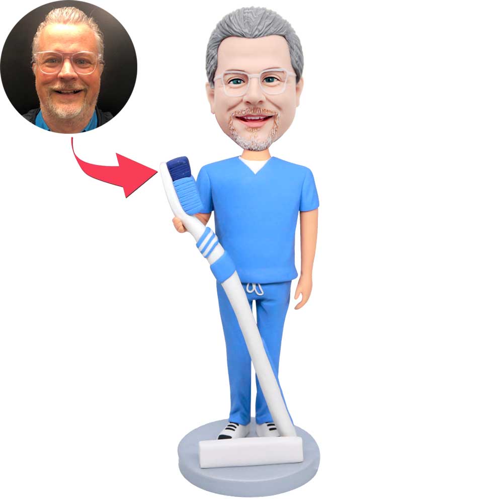 Male Dentist in Blue Uniform Holding Toothbrush Custom Figure Bobbleheads