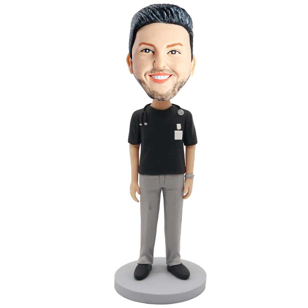 Male Doctor In Black T-shirt With A Stethoscope Custom Figure Bobblehead - Figure Bobblehead