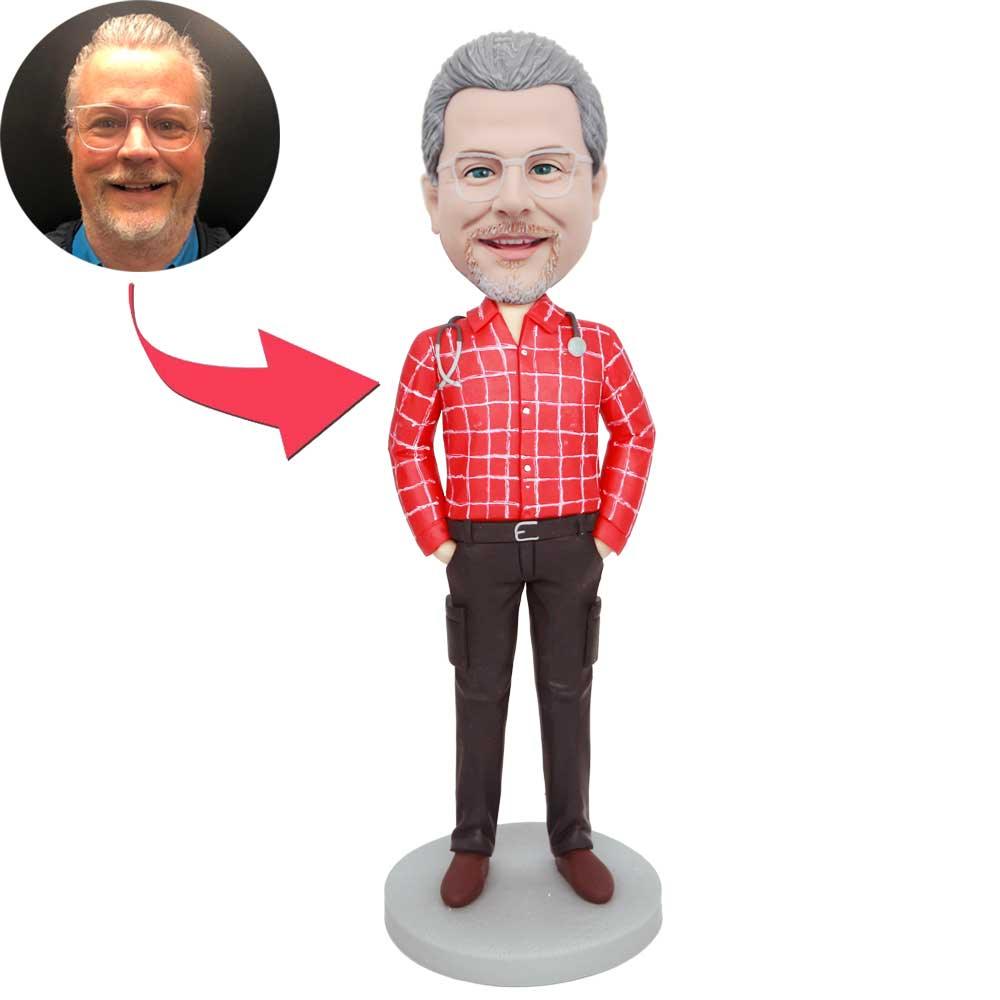 Male Doctor In Red Plaid Shirt Custom Figure Bobbleheads
