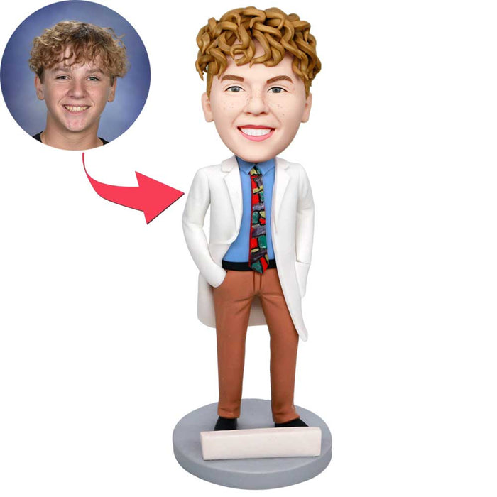 Custom Male Doctor Bobblehead In White Coat And Hands In Pockets