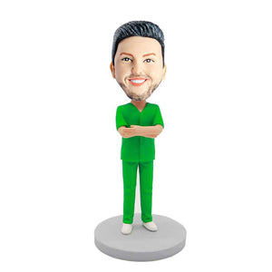 Male Doctor Physician In Green Surgical Gown And His Arms Chest Custom Figure Bobblehead