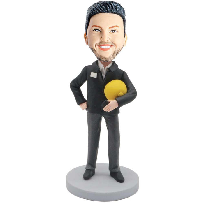 Male Engineer Architect Hold The Yellow Hard Hats Custom Figure Bobblehead