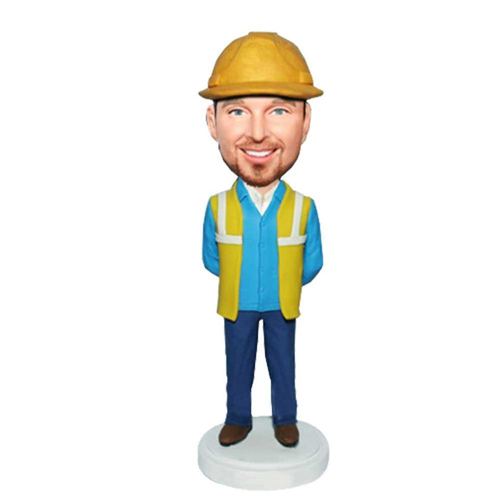 Male Engineer Architect In Overalls And Yellow Hard Hat Custom Figure Bobbleheads