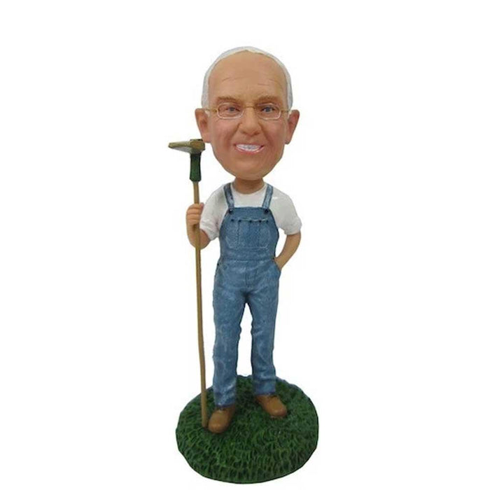 Male Farmer Holding A Hoe Custom Gardener Bobblehead