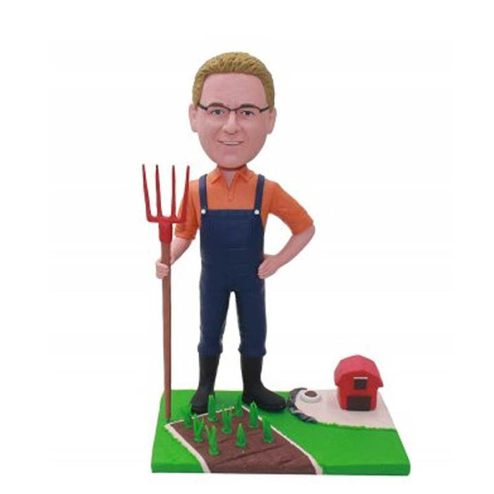 Male Farmer Holding Manure Fork Custom Gardener Bobblehead