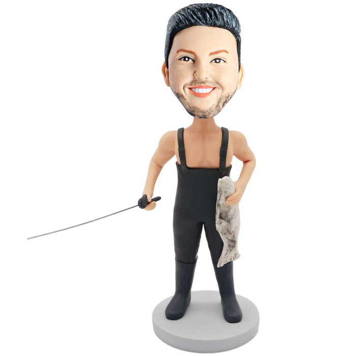 Male Fisherman In Fishing Clothes And Holding Fishing Rod And Fish Custom Figure Bobblehead