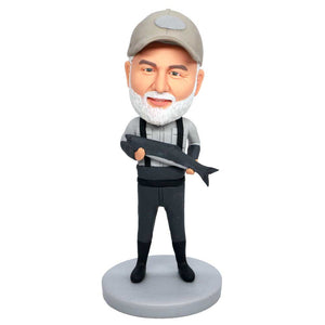 Male Fisherman In Gray Overalls And Holding A Fish Custom Figure Bobbleheads