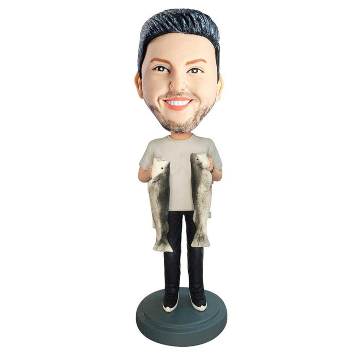 Male Fisherman In Gray T-shirt Carrying Two Fish Custom Figure Bobblehead