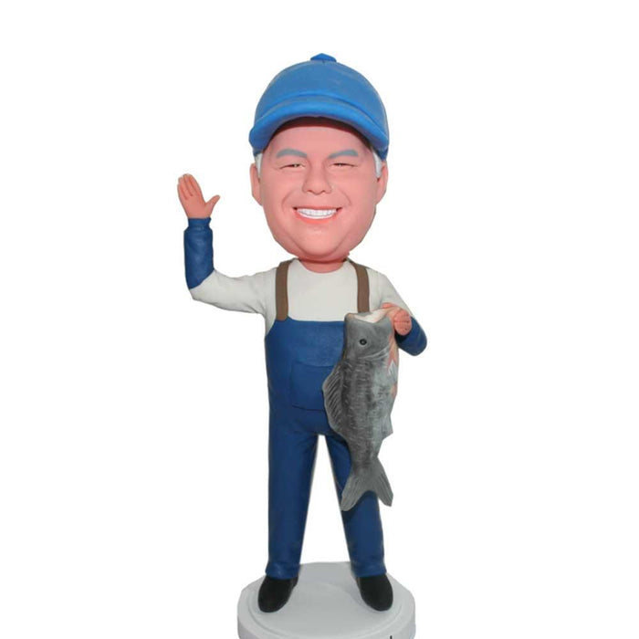 Male Fisherman with Fish in His Hand Say Hi Custom Figure Bobblehead