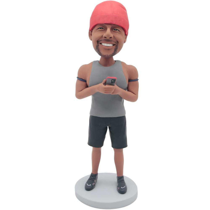 Male Fitness Coach In Grey Vest And Holding Cellphone Custom Figure Bobbleheads